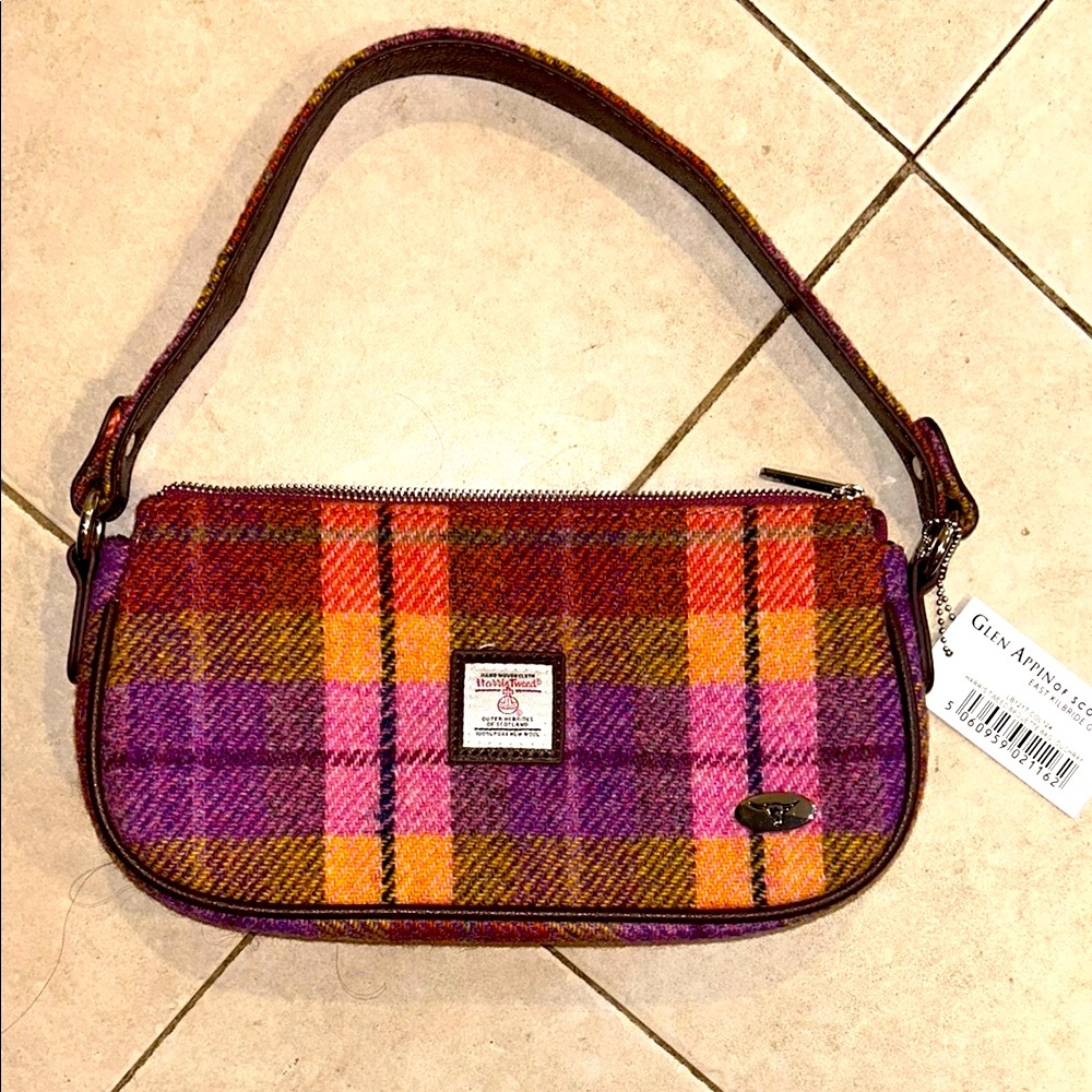NWTS- HARRIS TWEED Vibrant Plaid Wool Shoulder Bag with Leather Strap